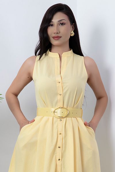 PULLIMM Floor-Length Buttoned Leather Belt Dress Grs3747