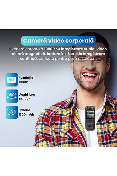 Spionescu Body camera, body cam 1080P, WiFi HotSpot, 1300 mAh battery, 180° wide angle, integrated flashlight,