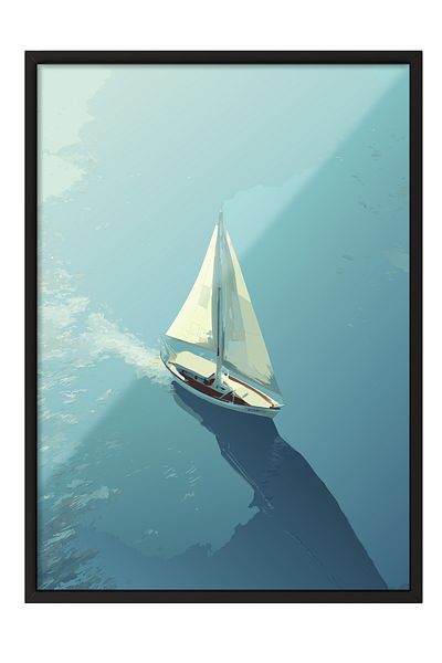Postifull Black Framed Painting, Sailboat, Ocean, Flat Illustration, Blue Color Poster, 2025 Summer Selection, No:1