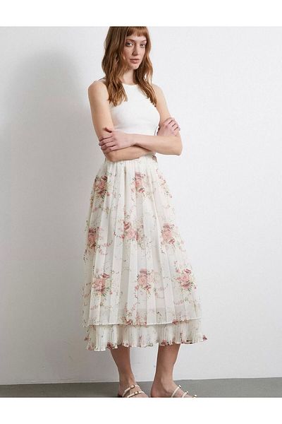 LOOKMEG Women's Sofia Patterned Lined Pleated Chiffon Skirt with Elastic Waist New Season