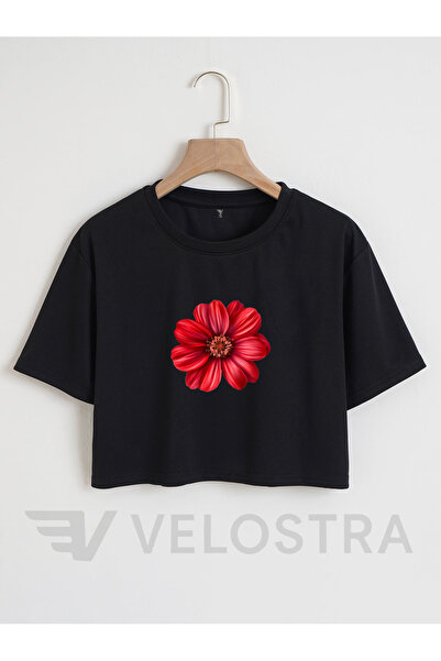 Velostra Tricou Crop cu flori roșii pentru femei cu imprimeu