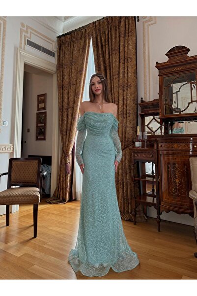 OYKUWEAR Ellinor Kayık Yaka Taşlı Mint Abiye