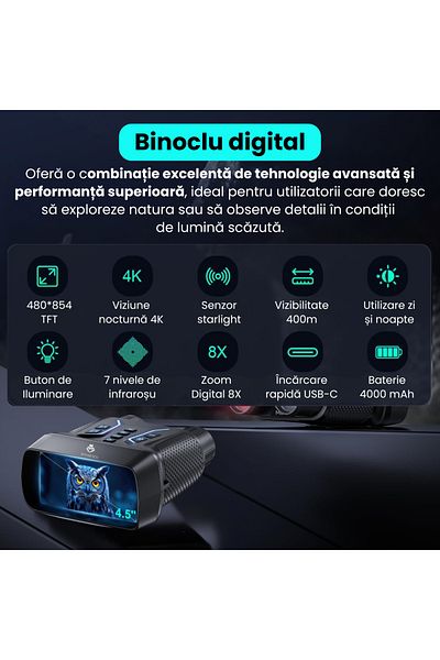 Spionescu Digital binoculars with 4K night vision, adjustable optical zoom, 8x, 7 infrared levels, 4.5" screen