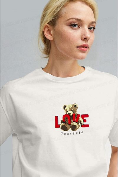 Millionaire Women's Ecru White Love Teddy Bear Teddy Bear Print Regular Fit Regular Fit T-Shirt