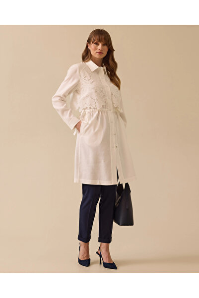 SCL Dantel Garnili Beli Bağcıklı Cepli Tunik