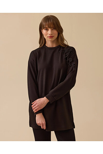 SCL İşlemeli Omuz Detaylı Uzun Sweatshirt