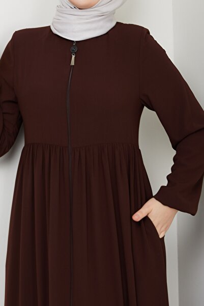MUDUTEKSTİL Beli Büzgülü Eteği Fırfırlı Ferace Kahverengi