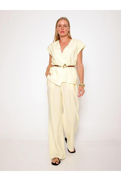 Coral Belted Padded Vest Trousers Suit Yellow