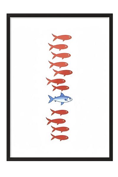 Postifull Black Framed Poster, Fishes, Illustration, Red Color Poster, 2025 Summer Selection, No:109587