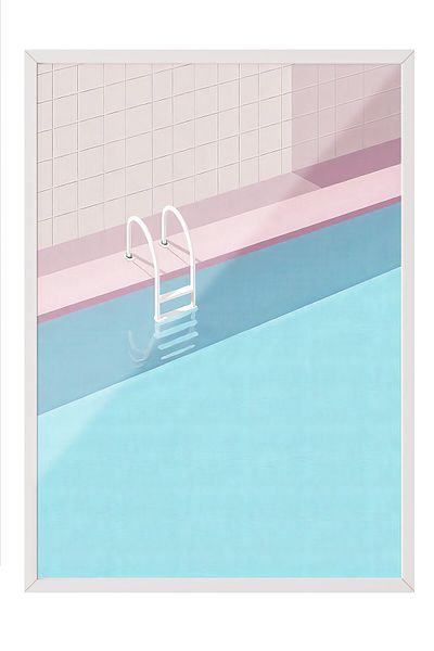 Postifull White Framed Poster, Poolside, Illustration, Blue Color Poster, 2025 Summer Selection, No:109589