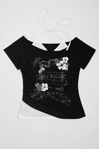 Köstebek Black Nuit Magique Madonna Collar Y2K Short Sleeve Full Body Crop T-Shirt with Additional Strap