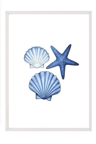 Postifull White Framed Poster, Seashell, Illustration, Blue Color Poster, 2025 Summer Selection, No:109601