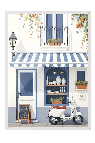 Postifull White Framed Poster Painting, Intimate Cafe, Illustration, White Color Poster, 2025 Summer Selection, No:109