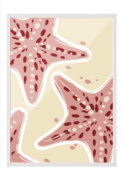 Postifull White Framed Painting, Sea Star, Flat Illustration, Minimalist, Beige, Pink Color Poster, 2025 Summer