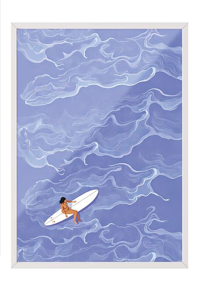 Postifull Poster pictură cu cadru alb, femeie surfer, ilustrație, poster de culoare albastră, selecție de vară 2025, NR:109