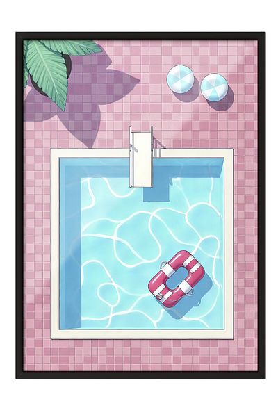 Postifull Black Framed Poster, Pool, Illustration, Pink Color Poster, 2025 Summer Selection, No:109590