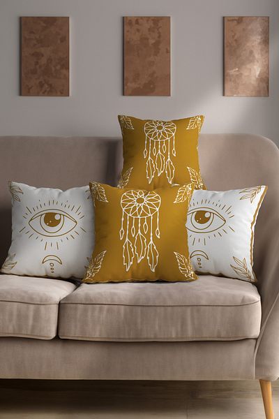 Hayal Dekoratif Bohemian Boho Dream Catcher Eye Pattern Brown White Colored 4-Piece Sofa Pillow - Throw Pillow Case Set