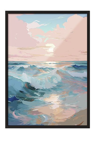 Postifull Black Framed Painting, Ocean, Waves, Clouds, Watercolor, Colorful Color Poster, 2025 Summer Selection,