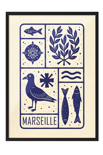 Postifull Black Framed Poster, Marseille, Illustration, Blue Color Poster, Summer Selection 2025, No:109572