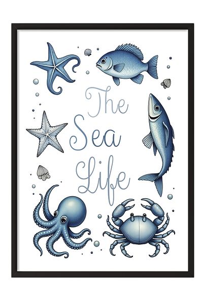 Postifull Black Framed Poster, Marine Life, Illustration, Blue Color Poster, 2025 Summer Selection, No:109593