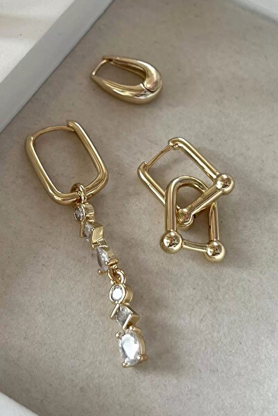 Vitastyle Gold Color Zircon Stone Detailed Dangle Steel 3-Piece Earrings