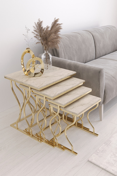 Puklife Hayal 4'lü Kare Zigon Sehpa Gold Ayak, Traverten Mdf