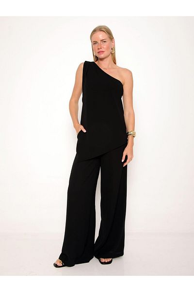 Coral One Shoulder Trouser Suit Black