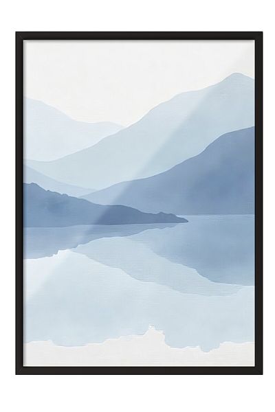 Postifull Black Framed Poster, Abstract Mountains, Illustration, Blue Color Poster, 2025 Summer Selection, No:109670