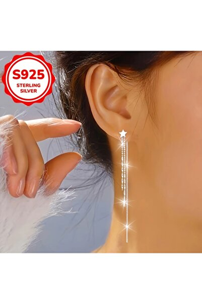esdekor Elegant Sterling Silver Star Dangle Küpe - 4g Parlayan Uzun Püskül