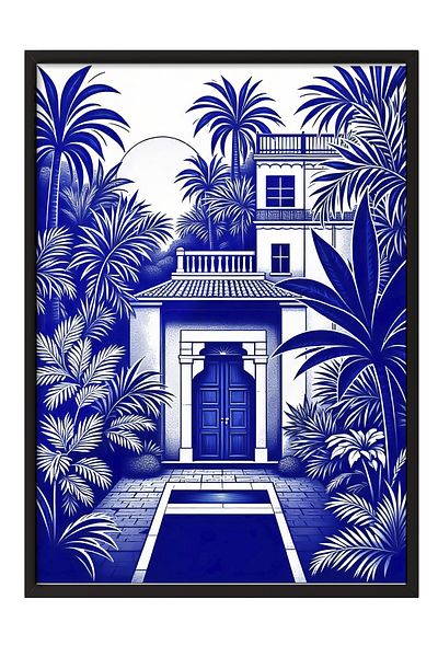 Postifull Black Framed Poster, Blue Palm Trees, Illustration, Blue Color Poster, Summer Selection of 2025, No:
