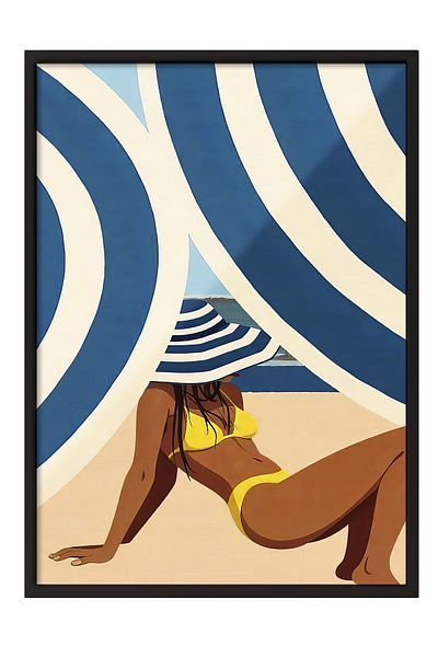 Postifull Black Framed Poster, Black Woman in Yellow Bikini, Illustration, Silver Color Poster, Summer of 2025
