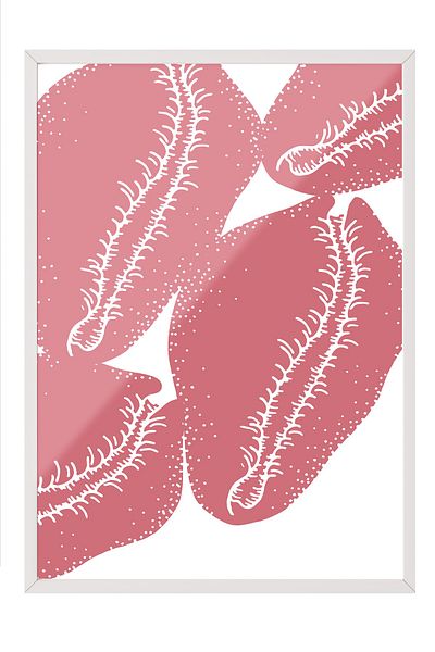 Postifull White Framed Painting, Leaves, Illustration, Pink, White Color Poster, 2025 Summer Selection, No:10984
