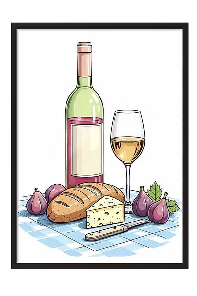 Postifull Black Framed Poster, Wine at Picnic, Illustration, Colorful Color Poster, 2025 Summer Selection, No:10966