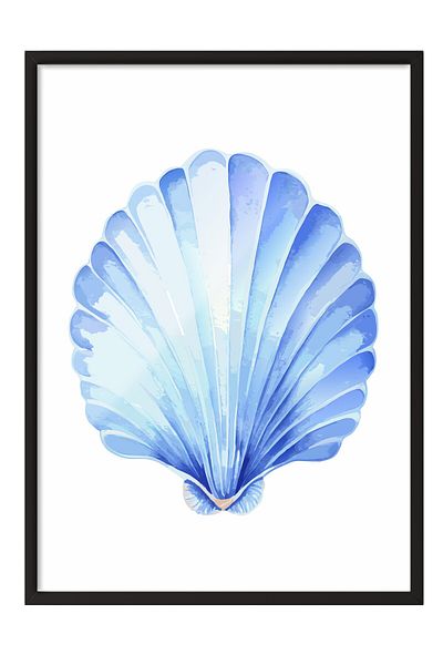 Postifull Black Framed Painting, Seashell, Watercolor, Blue, White Color Poster, 2025 Summer Selection, No:109870
