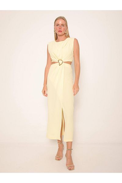 Coral Window Sleeveless Dress with Waist Accessories Yellow