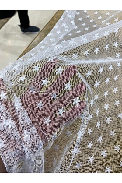 METERİAL Țesătură de tul cu model stele albe – 130 cm lățime, textură transpa...