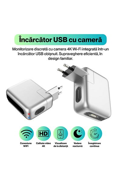 Spionescu USB charger with hidden camera 4K, B22, WIFI 2.4GHz, night vision, motion detection, 166° angle