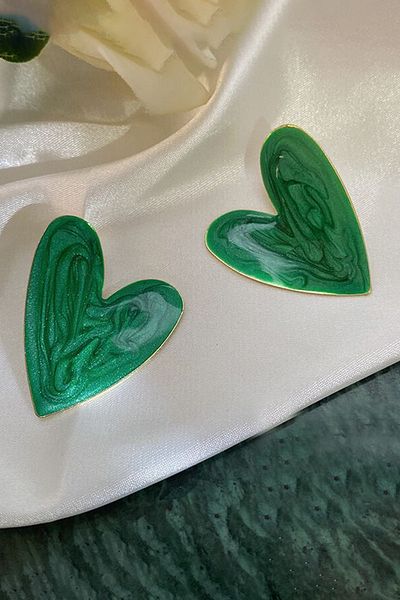 Glaren Green Enamel Big Heart Women's Earrings