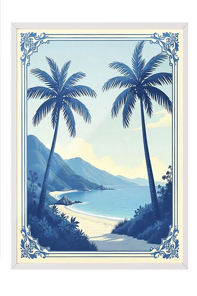 Postifull White Framed Poster, Palm Seaside, Illustration, Blue Color Poster, 2025 Summer Selection, No:109662
