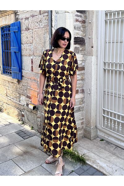 NARKISS Patterned 100% Cotton Buttoned Belted Comfortable Fit Yellow Dress