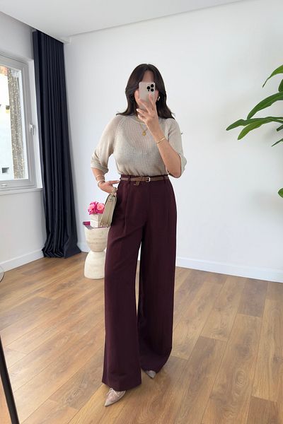 BİRCANÇİL Perla Burgundy Premium Belted Trousers