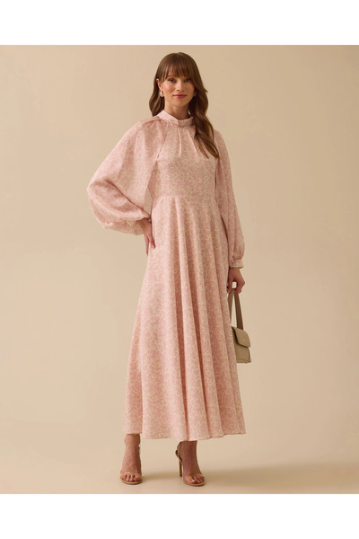 SCL Dik Yaka Desenli Kol Detaylı Elbise