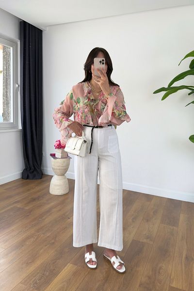 BİRCANÇİL Aleda White Lined Linen Trousers with Front Pocket Detail