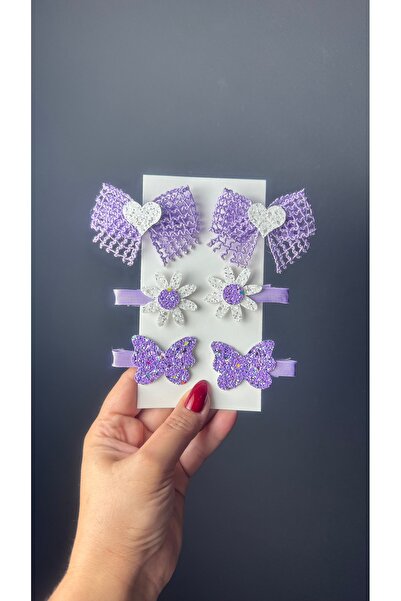 Toka Perisi Lila Dantel papatya kelebek 6’lı Toka Seti(yarım Kurdela kaplı Kl...