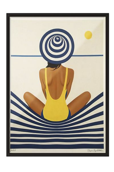 Postifull Black Framed Poster, Woman on the Beach, Illustration, Yellow Color Poster, 2025 Summer Selection, No:109608