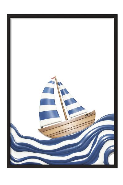 Postifull Poster pictat cu cadru negru, barca cu pânze cu dungi albastre, ilustrație, poster de culoare albastră, selecție de vară 2025