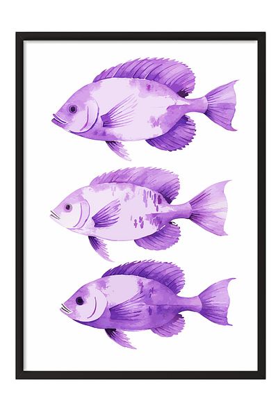 Postifull Black Framed Painting, Fish, Watercolor, Purple Color Poster, 2025 Summer Selection, No:109874