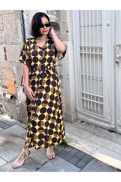 NARKISS Patterned 100% Cotton Buttoned Belted Comfortable Fit Yellow Dress