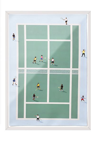 Postifull White Framed Poster, Tennis Court, Illustration, Green Color Poster, 2025 Summer Selection, No:109536