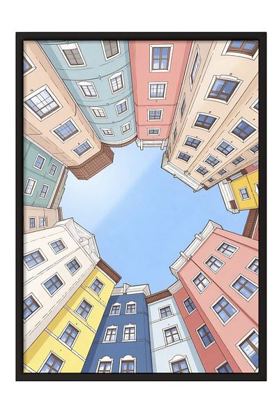 Postifull Black Framed Poster, Colorful Buildings, Illustration, Pink Color Poster, 2025 Summer Selection, No:109535